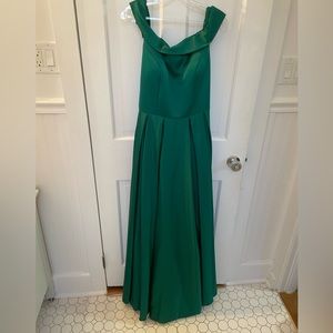 Mac Duggal satin, emerald green, off the shoulder prom dress